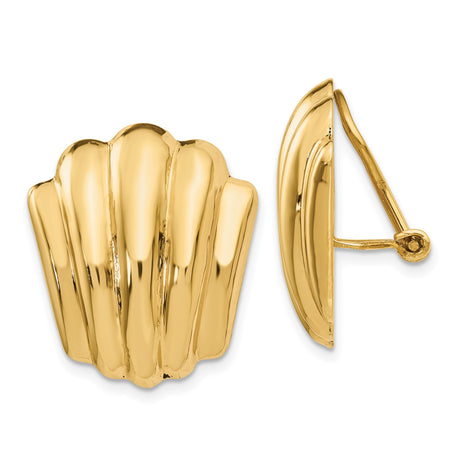14k Yellow Gold Shell Clip-On Earrings for Women, Scalloped Ocean Design with High Polish Finish, Non-Pierced Ear Clips for Coastal Style, Bold Vintage Statement Fashion Jewelry