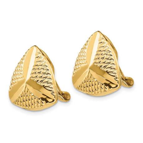 14K Yellow Gold Clip Earrings Textured Triangle Diamond Cut