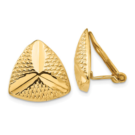 14k Yellow Gold Clip-On Earrings for Women, Bold Textured Triangle Design with Diamond-Cut Detailing, Non-Pierced Vintage Style Gold Clip-Ons, Statement Geometric Earrings for Dressy or Daily Wear