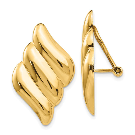 14k Yellow Gold Angel Wing Clip-On Earrings for Women, Non-Pierced Religious Earrings with Sculpted Wings, Spiritual Jewelry Featuring Faith Symbolism, Elegant Gold Angelic Wing Design