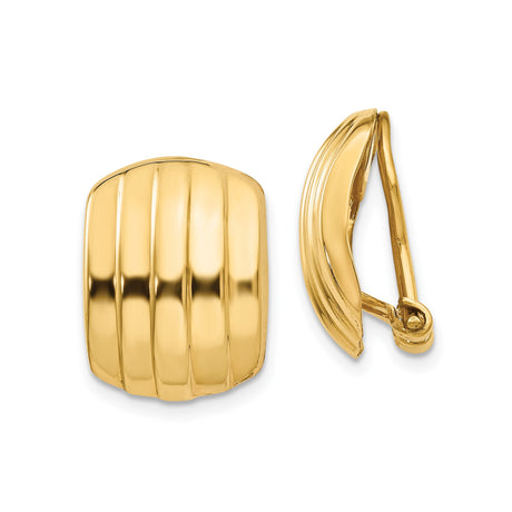 14k Yellow Gold Clip-On Omega Back Earrings for Women with Ribbed Dome Design, Non Pierced Classic Style, Polished Smooth Finish, Lightweight Metal for Daily Wear or Formal Fashion Looks