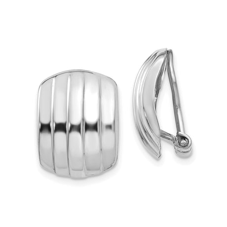 14k White Gold Clip-On Earrings for Women with Ribbed Dome Design, Polished Finish, Omega Back, Non Pierced Bold Statement Earrings, Classic Metal Style for Formal or Everyday Wear