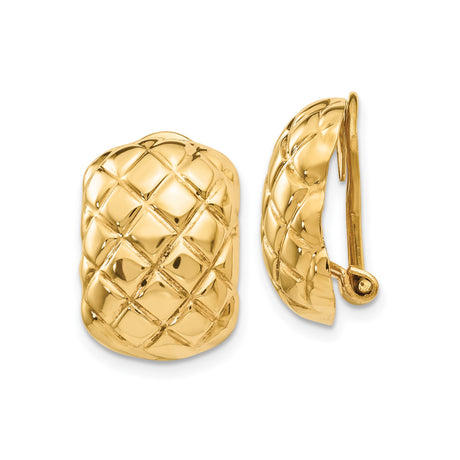 14k Yellow Gold Clip-On Earrings for Women with Bold Domed Quilted Texture, High-Polish Finish and Omega Back Closure, Non-Pierced Statement Design for Formal Events and Daily Wear