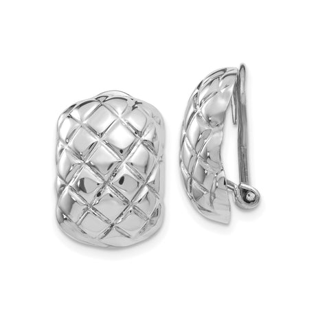 14k White Gold Quilted Hoop Earrings for Women with Bold Dome Design, Textured High Polish Finish, Secure Clip Back Closure, Non Pierced Modern Hoops for Classic Jewelry and Fashion Collections