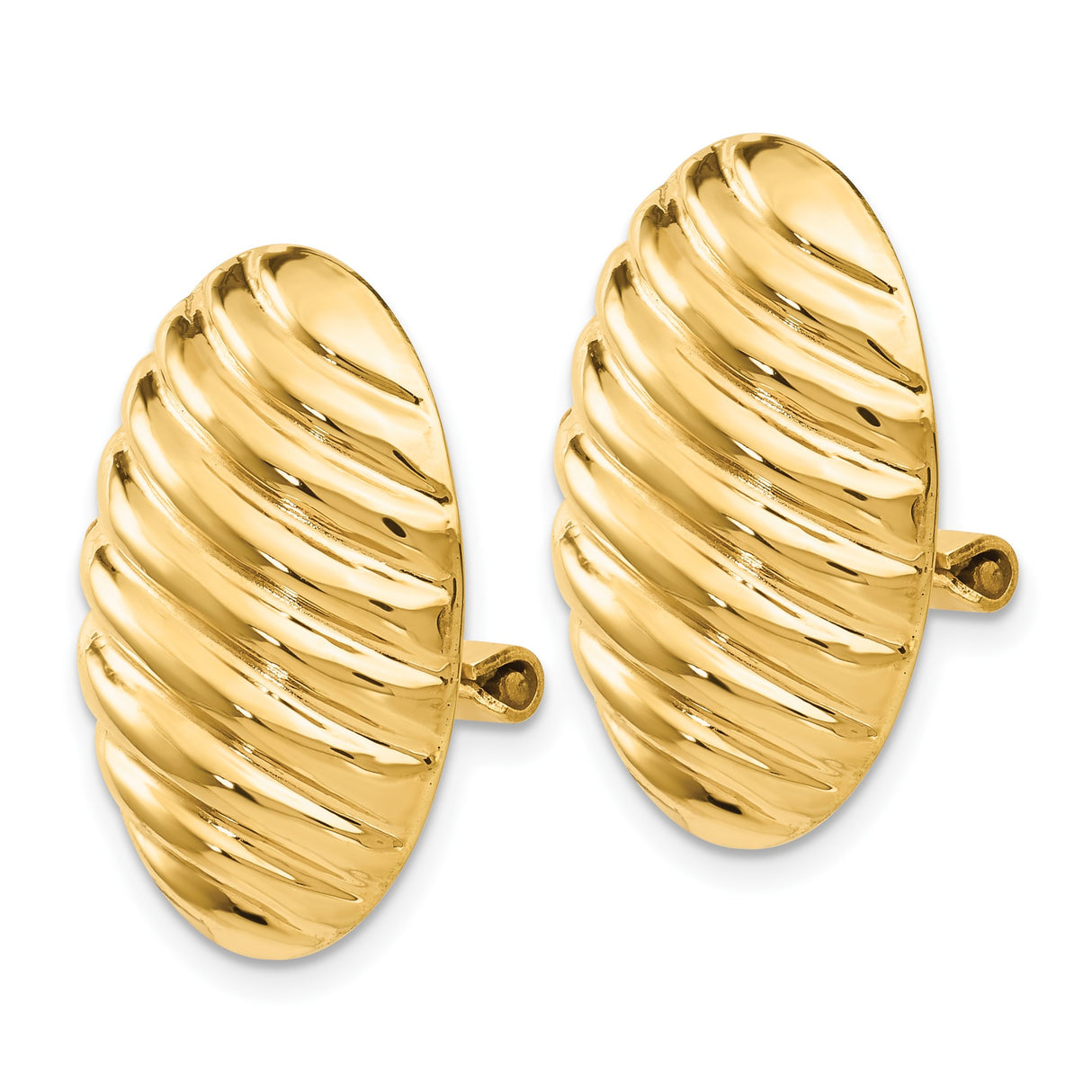 14k Yellow Gold Clip-On Oval Earrings, Ribbed Texture, High Polish, Vintage Bold Design