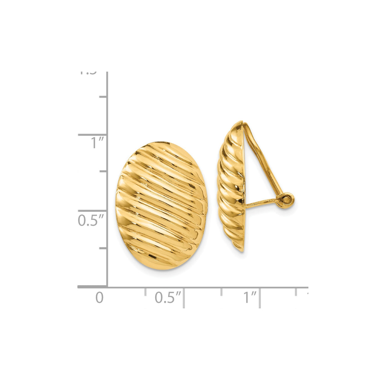 14k Yellow Gold Clip-On Oval Earrings, Ribbed Texture, High Polish, Vintage Bold Design