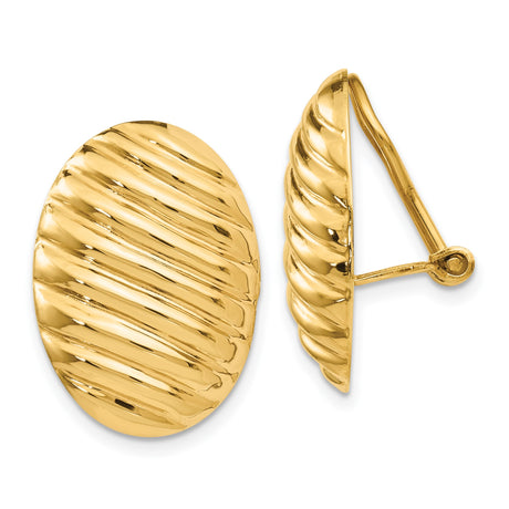 14k Yellow Gold Clip-On Oval Earrings for Women with Ribbed Texture, High Polish Finish, Bold Vintage Design, Non-Pierced Omega Back, Classic Formal Fine Jewelry for Daily or Dressy Wear