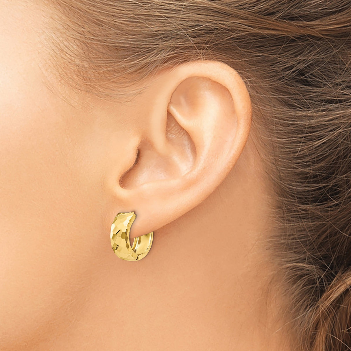 14k Yellow Gold Hoop Earrings with Faceted Hammered Texture and Polished Finish