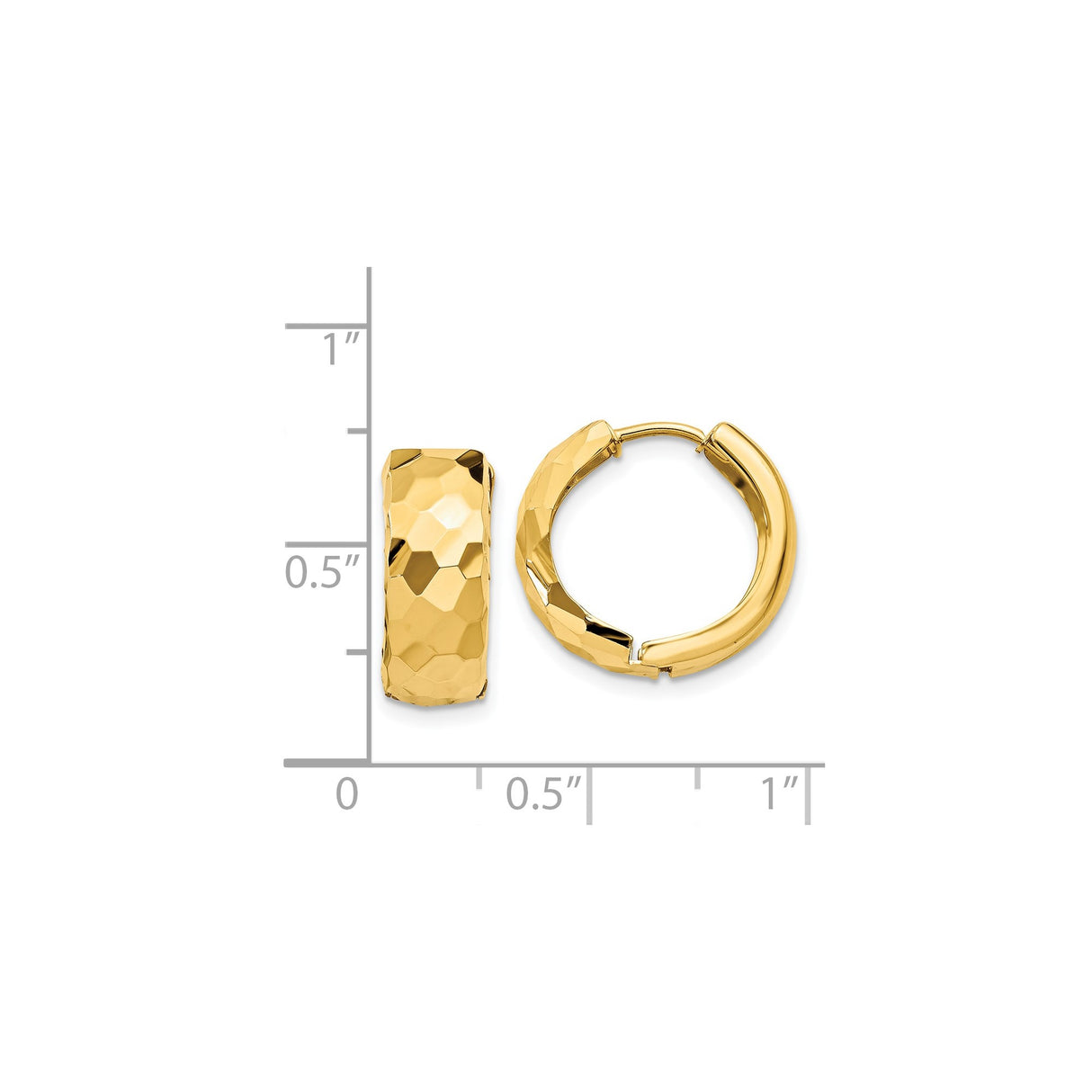 14k Yellow Gold Hoop Earrings with Faceted Hammered Texture and Polished Finish