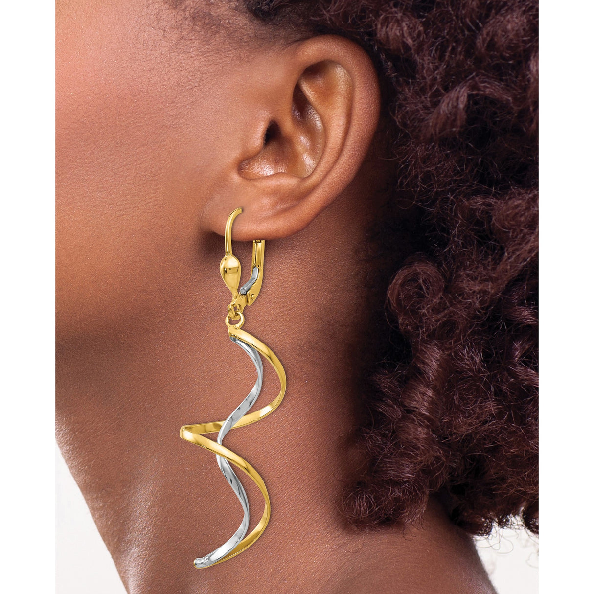 14k Two-Tone Gold Dangle Earrings with Open Spiral Twist Design for Women