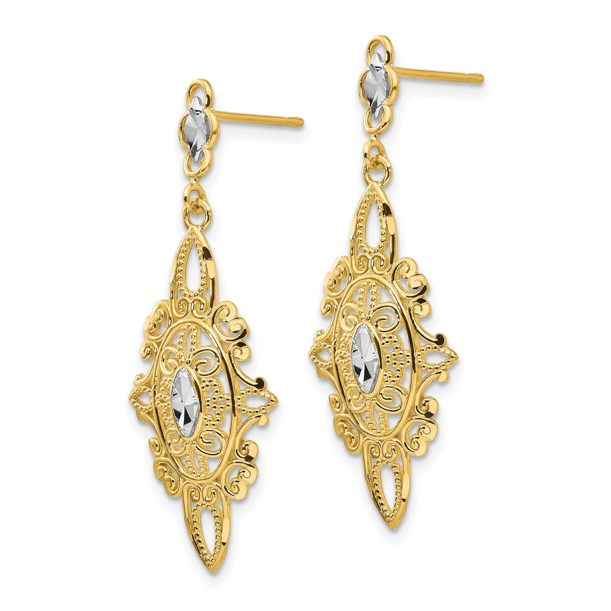 14k Yellow Gold Filigree Dangle Earrings with Marquise Cut Detailing, Vintage Two-Tone Design