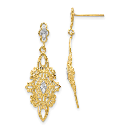 14k Yellow Gold Filigree Dangle Earrings with Marquise Cut Detailing, Vintage Two-Tone Design