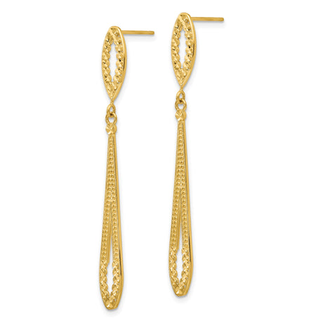 14k Yellow Gold Dangle Earrings, Diamond-Cut Teardrop Design with Textured Finish