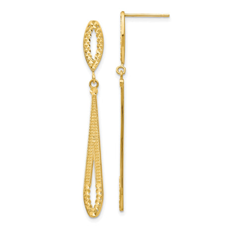 14k Yellow Gold Dangle Earrings, Diamond-Cut Teardrop Design with Textured Finish
