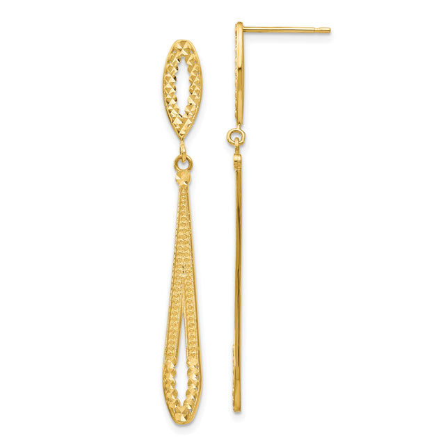 14k Yellow Gold Dangle Earrings, Diamond-Cut Teardrop Design with Textured Finish