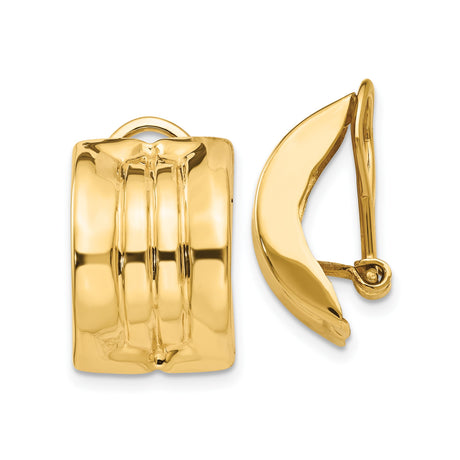 14k Yellow Gold Clip On Earrings for Women with Ribbed Polished Finish, Non Pierced Classic Design, Omega Clip Backs, Bold Vintage Style, Elegant Formal Look, Timeless Gold Fashion Jewelry