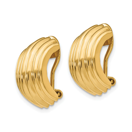 14K Yellow Gold Clip On Hoop Earrings Ribbed Multi Band
