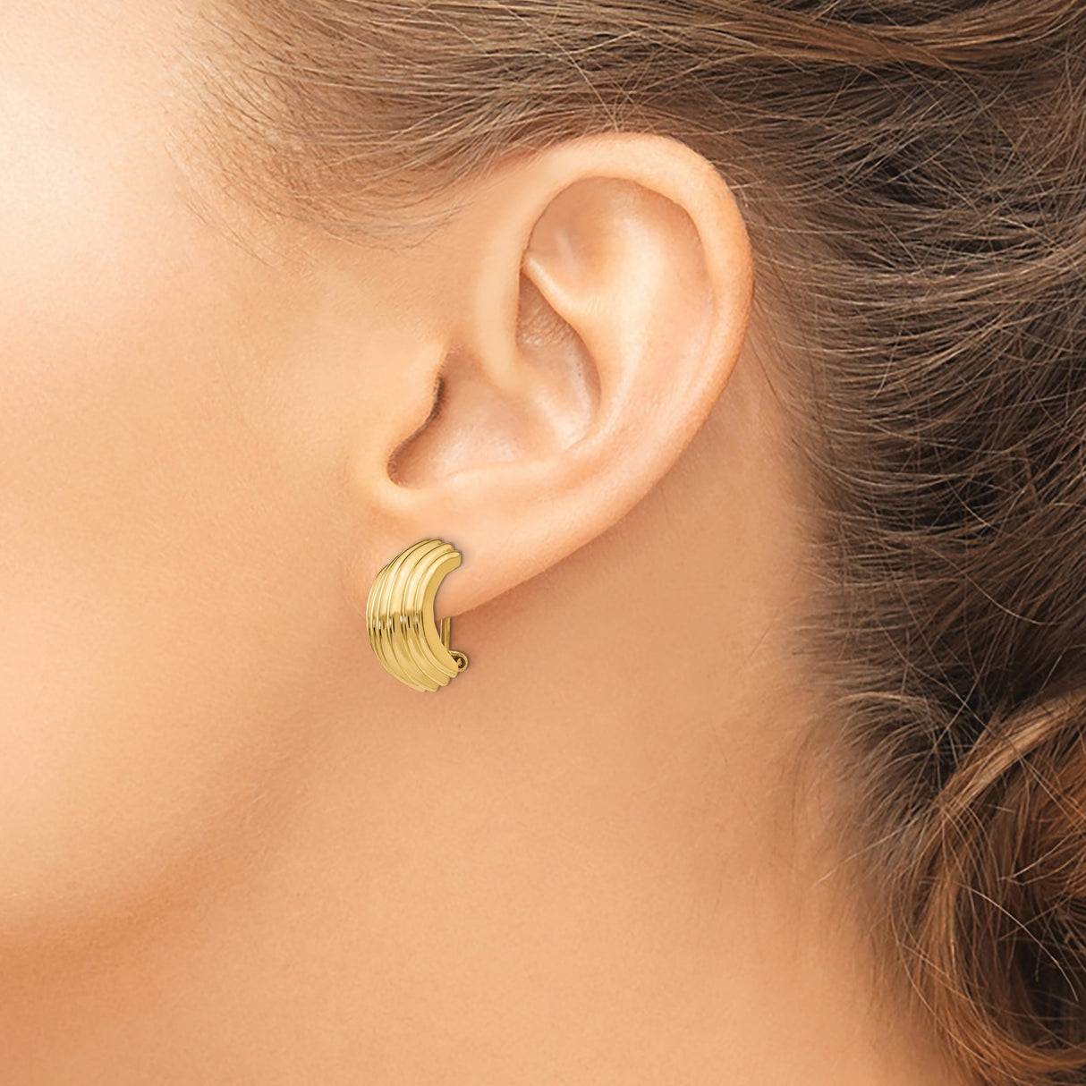 14K Yellow Gold Clip On Hoop Earrings Ribbed Multi Band