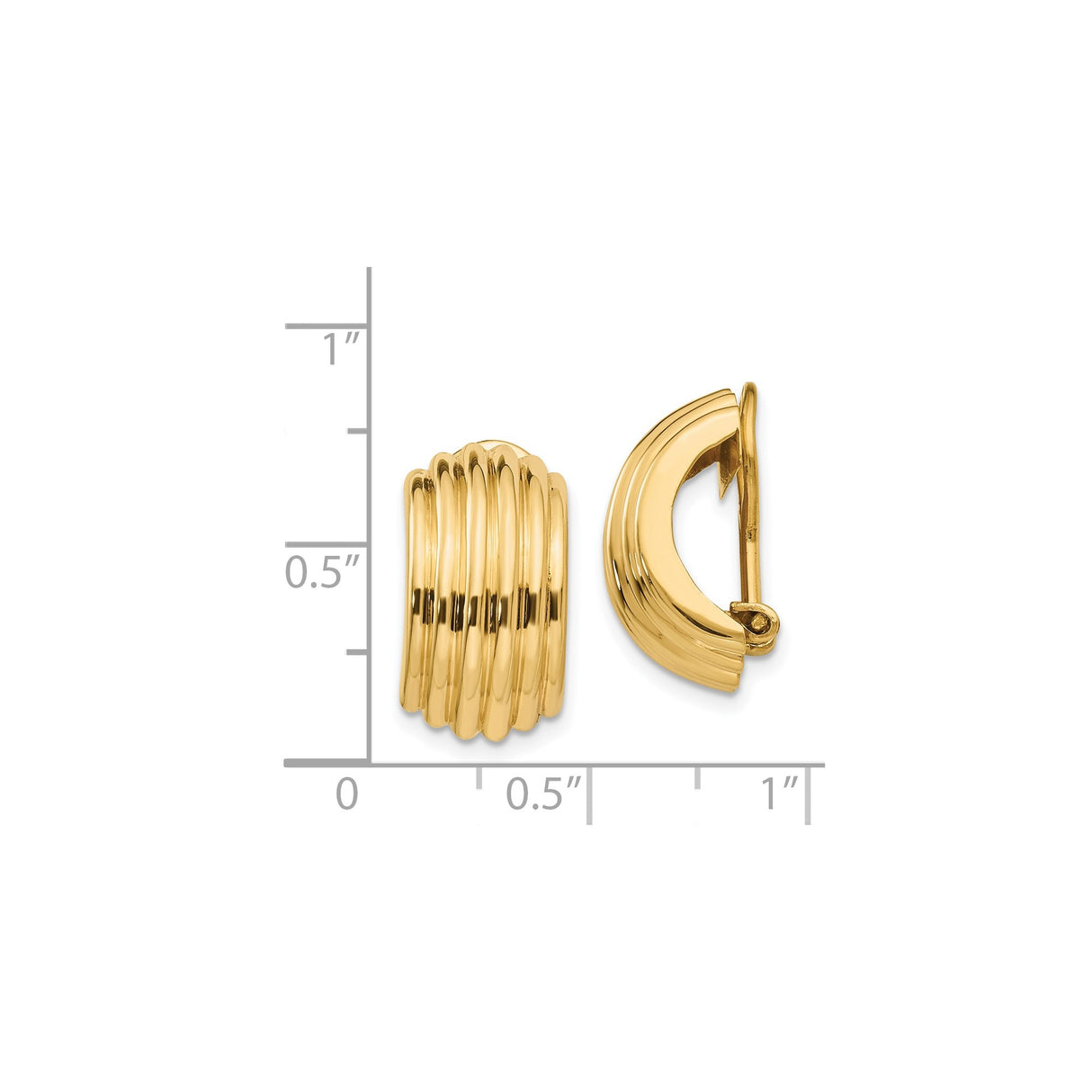 14K Yellow Gold Clip On Hoop Earrings Ribbed Multi Band