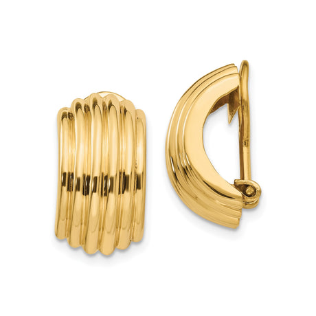 14k Yellow Gold Hoop Style Clip-On Earrings for Women, Ribbed Multi-Band Polished Gold Huggies, Non-Pierced Fashion Hoops, Classic Elegant Daily Wear Earrings, Metal Bold Statement Jewelry