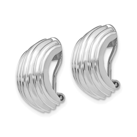 14K White Gold Clip On Hoop Earrings With Ribbed Design