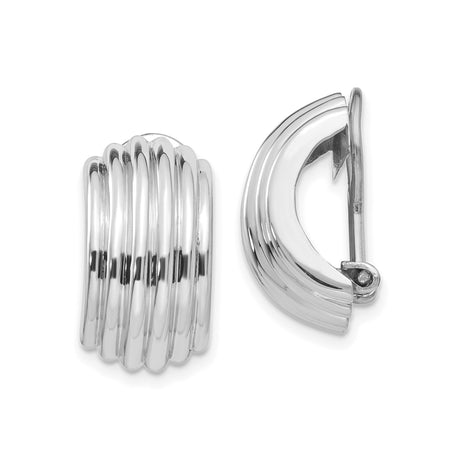 14k White Gold Clip On Hoop Earrings for Women with Ribbed Design, Polished Finish and Ridged Detail, Classic Layered Hoops for Daily Wear, Formal Outfits, Statement Fashion and Unisex Style