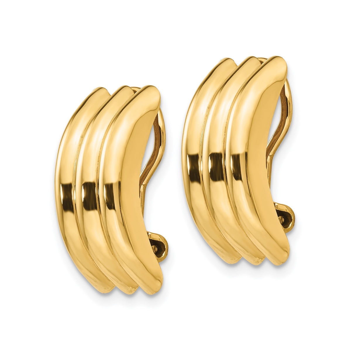 14K Yellow Gold Clip On Earrings Ribbed Design Omega Back