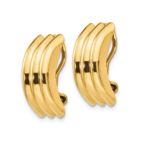 14K Yellow Gold Clip On Earrings Ribbed Design Omega Back