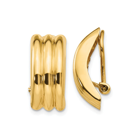 14k Yellow Gold Clip-On Earrings for Women with Ribbed Design, High-Polish Finish, Omega Back, Non-Pierced Style, Bold Retro Look, Everyday Wear, Real Gold Statement Fine Jewelry