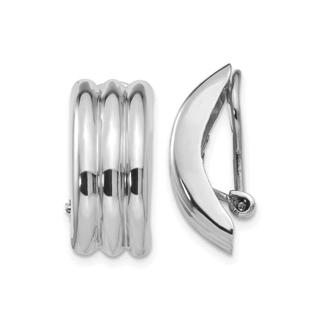 14k White Gold Hoop Earrings for Women with Triple Row Domed Design, High Polish Finish, Clip On Omega Back Closures, Bold Non Pierced Statement Earrings, Classic Fashion Jewelry for Daily Wear