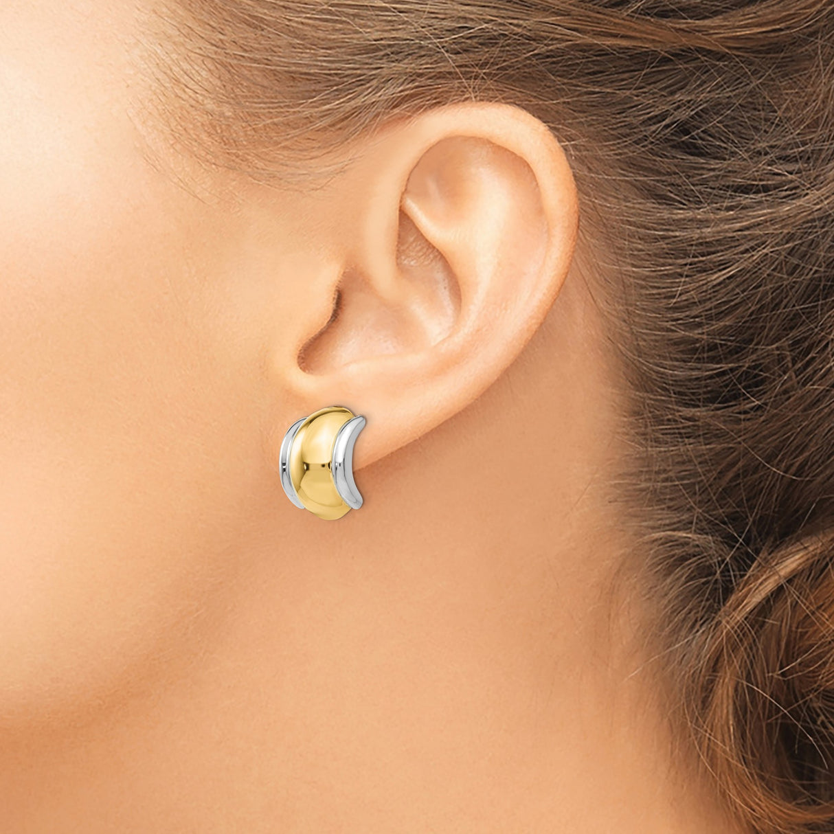 Two Tone 14K Yellow Gold Rhodium Hoop Earrings Omega Clip