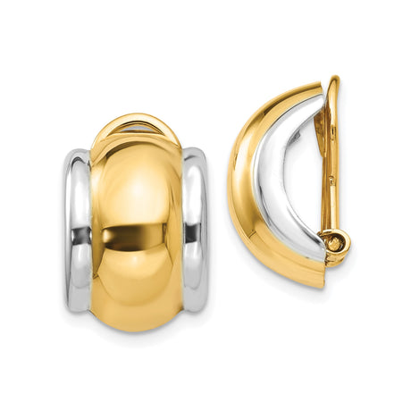 14k Yellow Gold and Rhodium Hoop Earrings for Women with Omega Clip, Polished Two-Tone Domed Design, Classic Huggie Style for Daily Wear, Fine Jewelry Fashion Accessory, Bold Elegant Hoops