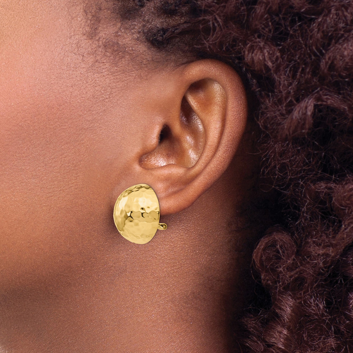 14K Yellow Gold Hammered Dome Clip On Earrings Omega Back