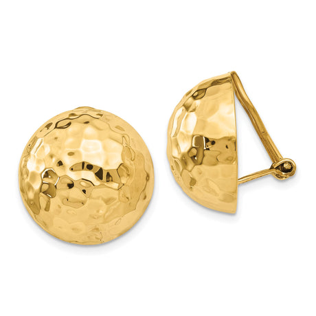 14k Yellow Gold Hammered Dome Clip-On Earrings for Women with Omega Back, High-Polish Finish, Modern Textured Design, Elegant Statement Jewelry, Non-Pierced Lightweight Formal Accessory