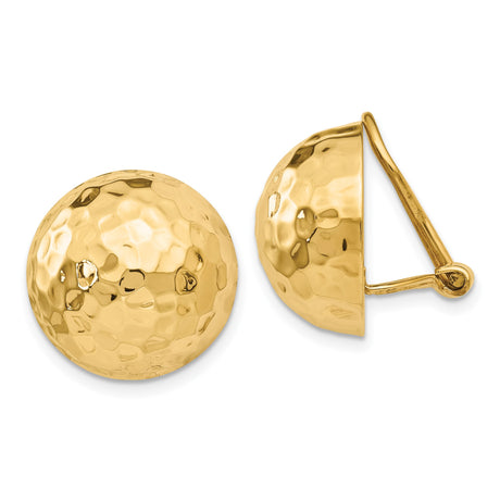 14k Yellow Gold Hammered Dome Clip-On Earrings for Women with Omega Back, Bold Textured Finish Round Studs, Non-Pierced Fashion Jewelry for Everyday or Formal Wear, Contemporary Metal Design