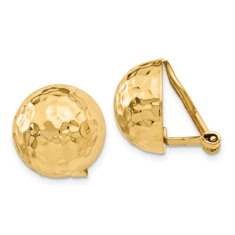14k Yellow Gold Hammered Dome Clip-On Earrings for Women, Textured Round Design with Omega Back, Non Pierced Statement Style for Formal or Daily Wear, Vintage Minimalist Lightweight Jewelry