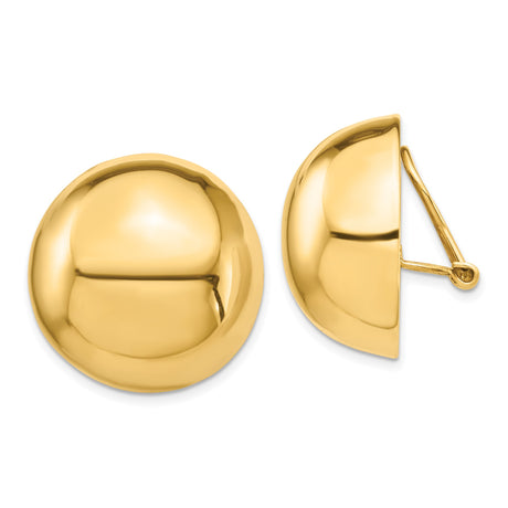 14k Yellow Gold Clip-On Dome Earrings for Women with Omega Back, High Polish Finish, Bold Modern Design, Classic Half-Sphere Shape, Non-Pierced Ear Clips, Lightweight for Everyday Wear