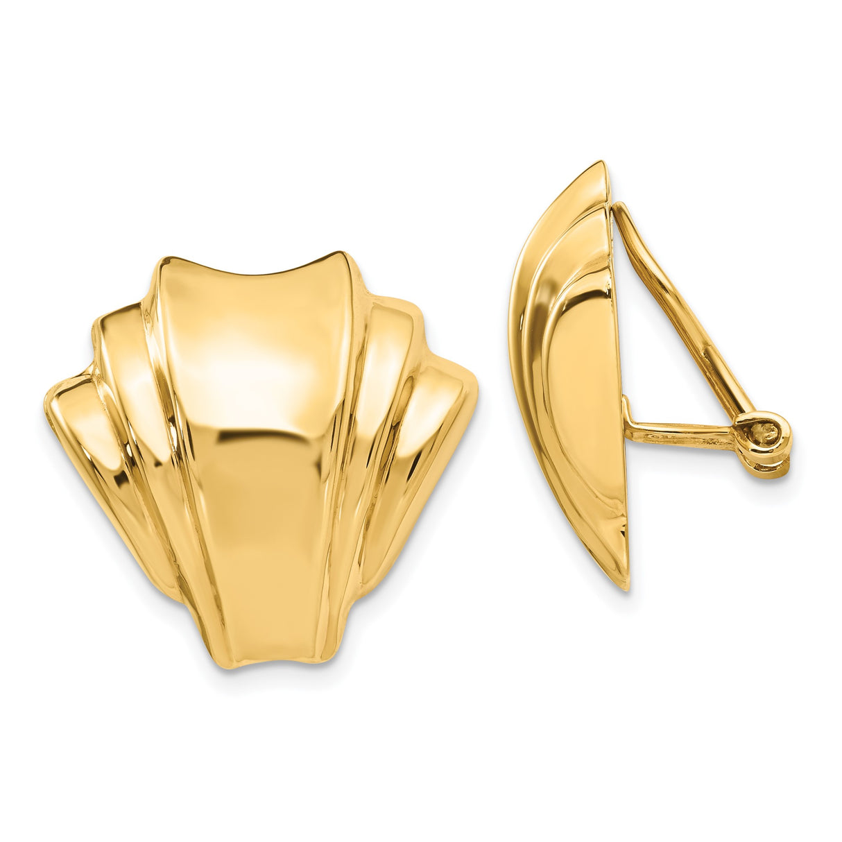 14k Yellow Gold Clip-On Fan Shaped Earrings for Women with Layered Detailing, Bold Art Deco Design, Polished Finish, Retro Statement Jewelry for Evening Wear, Omega Back Formal Fashion Earrings