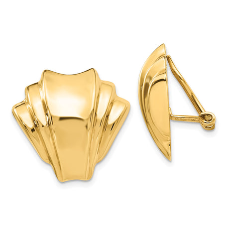 14k Yellow Gold Clip-On Fan Shaped Earrings for Women with Layered Detailing, Bold Art Deco Design, Polished Finish, Retro Statement Jewelry for Evening Wear, Omega Back Formal Fashion Earrings