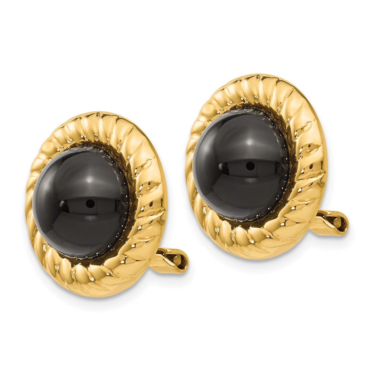 14k Yellow Gold Clip-On Earrings with Black Onyx, Rope Bezel Setting, Vintage Style