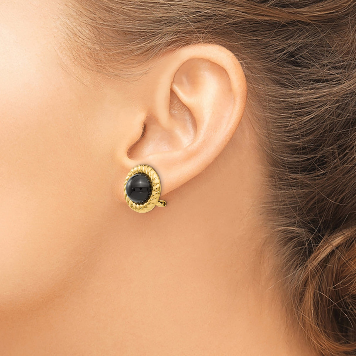 14k Yellow Gold Clip-On Earrings with Black Onyx, Rope Bezel Setting, Vintage Style