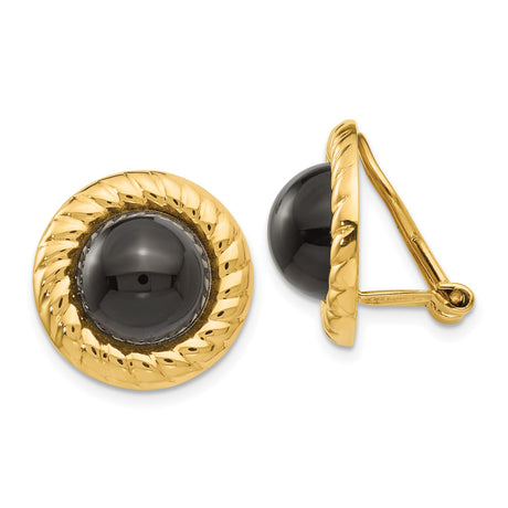 14k Yellow Gold Clip-On Earrings for Women, Black Onyx in Rope Bezel Setting, Vintage Statement Semi-Precious Gemstone Earrings, Bold Fashion Jewelry for Dressy Evening or Cocktail Events