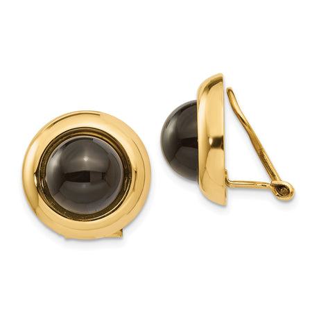 14k Yellow Gold Clip On Earrings for Women with Round Black Onyx Cabochon in Bezel Setting, Bold Vintage Inspired Design, Classic Nonpierced Gemstone Earrings for Formal or Evening Wear