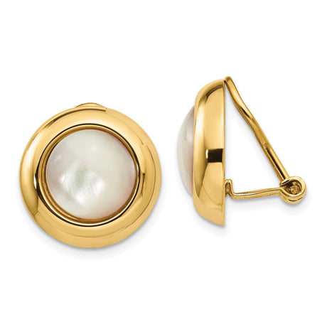14k Yellow Gold Clip-On Earrings for Women with Round White Mother of Pearl Centers, Non-Pierced Omega Back Elegant Earrings, Vintage Inspired Formal Jewelry for Wedding or Evening Wear