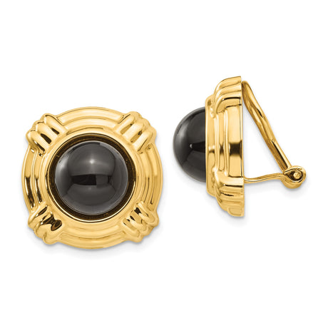 14k Yellow Gold Clip On Earrings with Round Black Onyx Center, Bold Sculpted Frame, Vintage Style Non Pierced Design, Classic Evening Jewelry for Women, Formal Statement Fashion Earrings