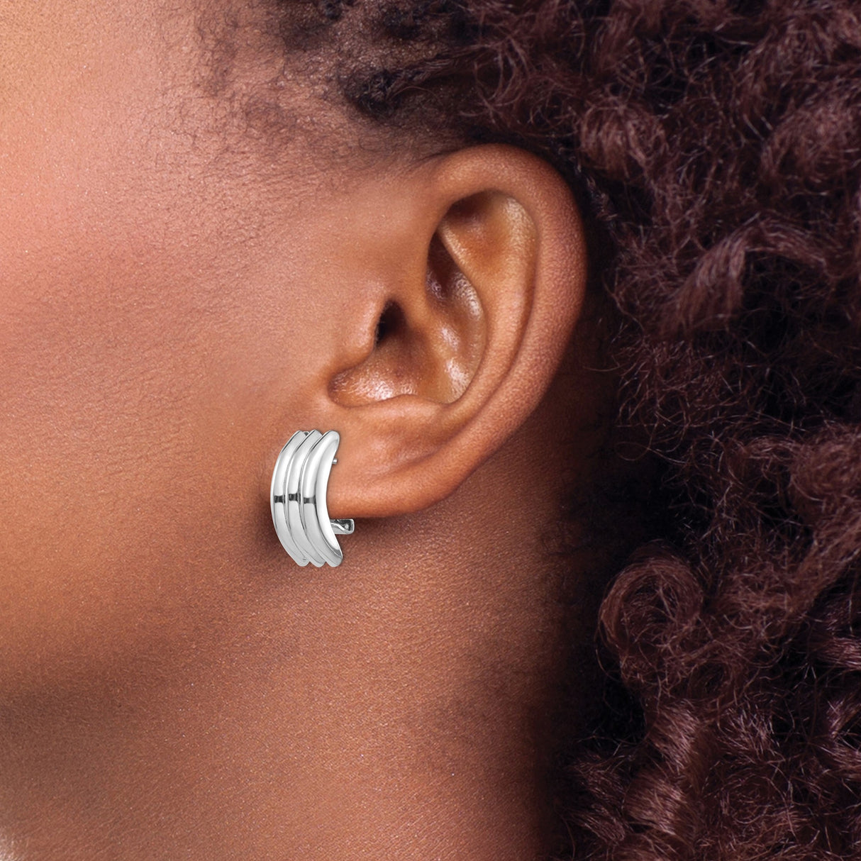14k White Gold Triple Hoop Earrings, Polished Finish, Modern Layered Minimalist Style for Women