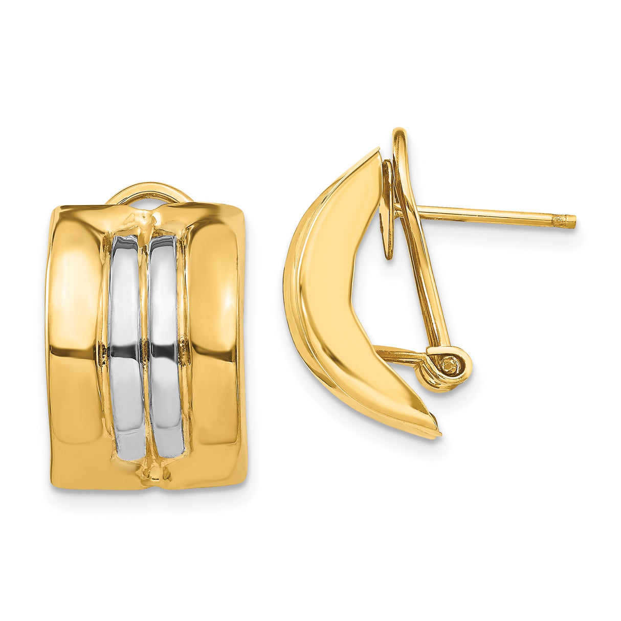 14k Yellow Gold Huggie Hoop Earrings with Rhodium Inlay, Two-Tone Polished Omega Back Design