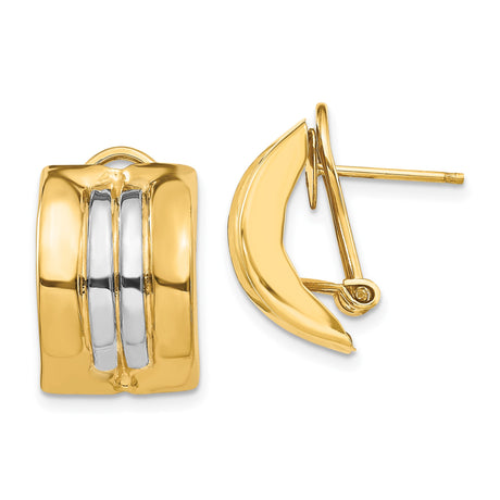 14k Yellow Gold Huggie Hoop Earrings with Rhodium Inlay, Two-Tone Polished Omega Back Design