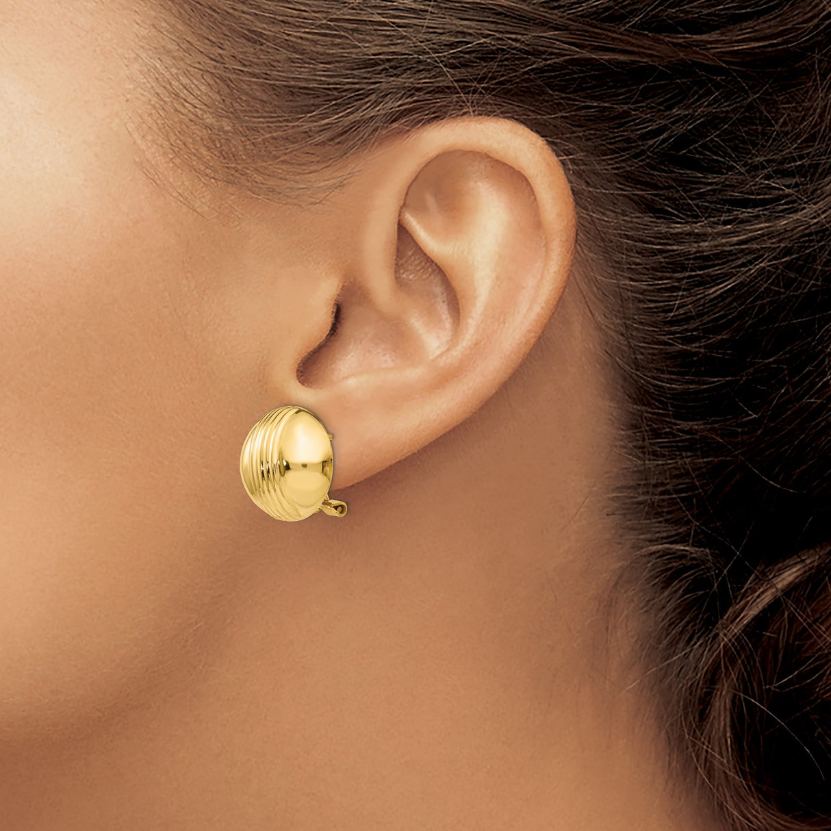 14k Yellow Gold Button Earrings with Polished and Ribbed Detailing, Omega Back Closure