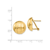 14k Yellow Gold Button Earrings with Polished and Ribbed Detailing, Omega Back Closure